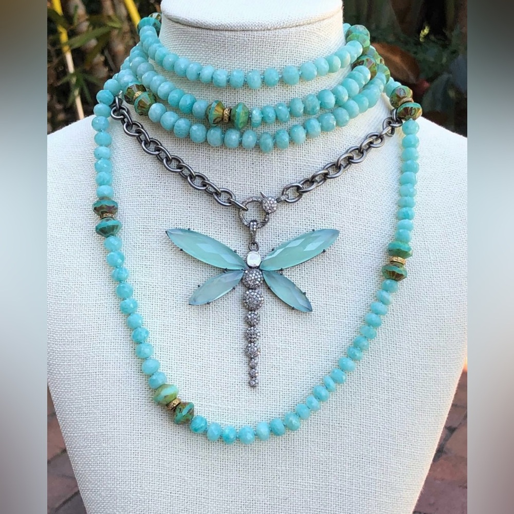 Blue Calcedony Diamond Dragonfly Pendant Necklace Sterling Chain Diamond Clasp